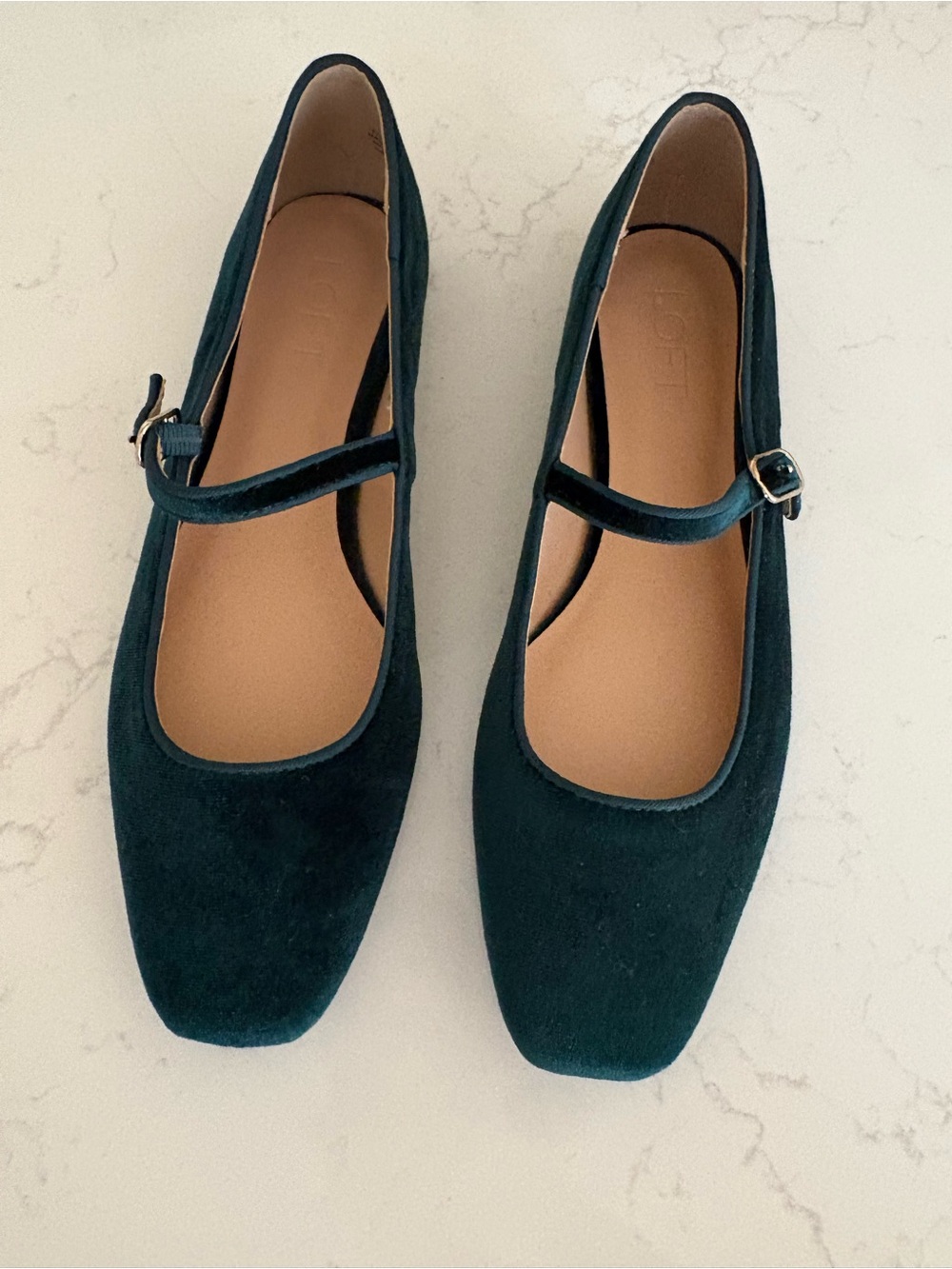 LOFT Dark Green Velvet Square Toe Mary Jane Flats
